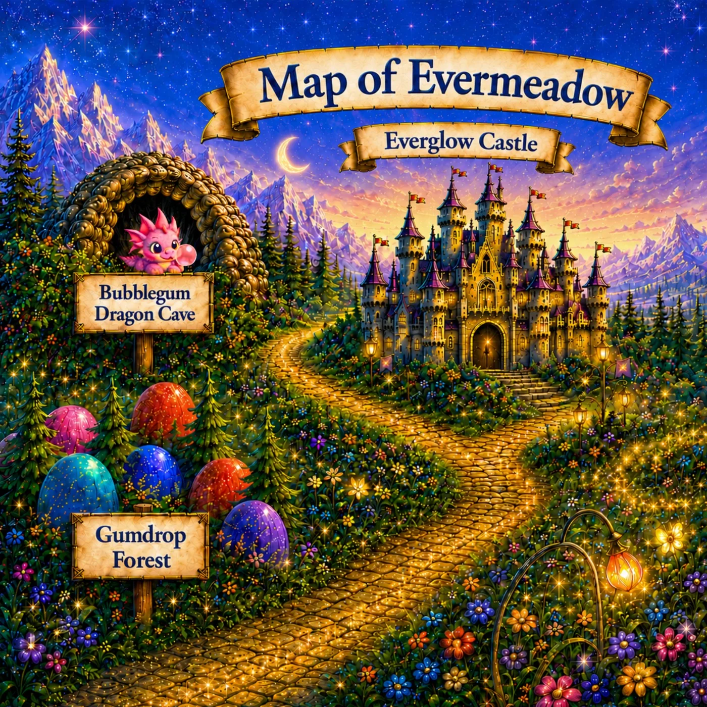 Evermeadow map showing starry Everglow Castle, Bubblegum Dragon Cave and candy-colored Gumdrop Forest