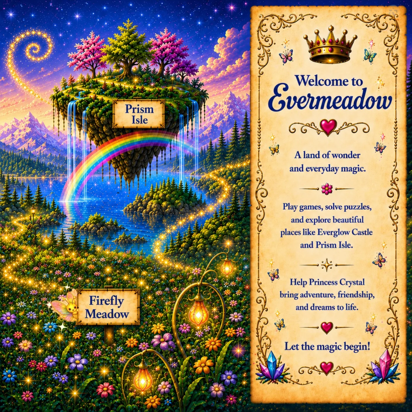Illustrated Evermeadow world with rainbow bridge, floating Prism Isle, Firefly Meadow and a welcome scroll