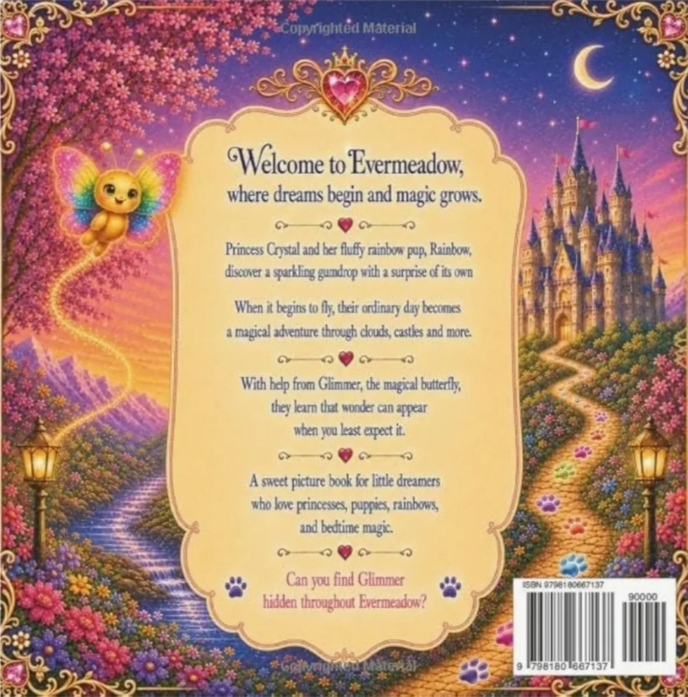 Back cover of The Magical Gumdrop Adventure with a message welcoming readers to Evermeadow and Glimmer the butterfly